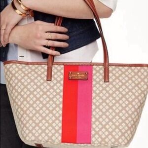 Kate Spade Tan Tote with Red and Pink Stripes